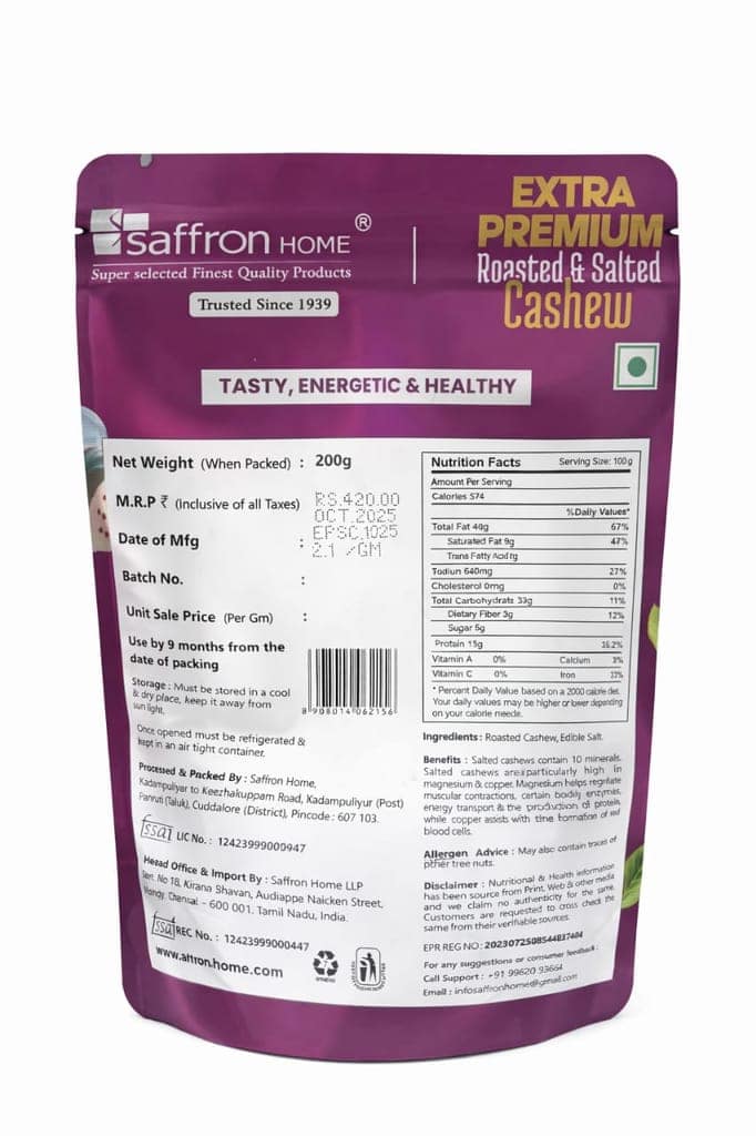 Saffron Home Extra Premium Roasted & Salted Cashew (200g) view 2