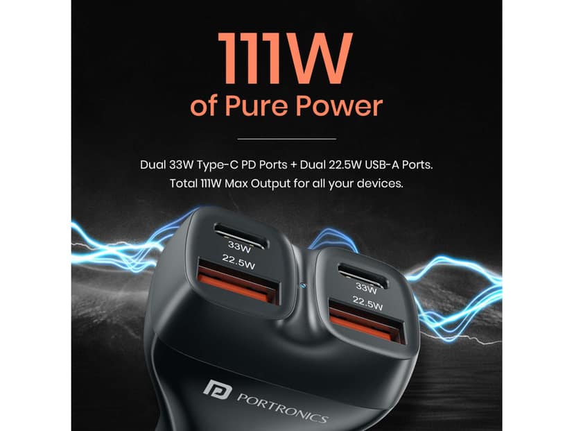 Portronics Car Power Quard Dual 33W Type-C PD, Dual 22.5W USB-A, Charge 4 Devices Simultaneously, 111W Four Ports Car Charger view 2