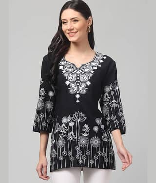 Aura Glam Women Rayon Embroidered A-line Kurti ( Black )