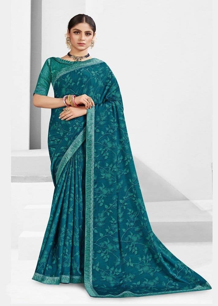Digital Printed Georgette Saree in Teal Blue