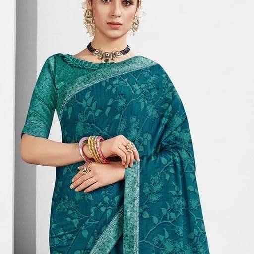 Digital Printed Georgette Saree in Teal Blue view 2