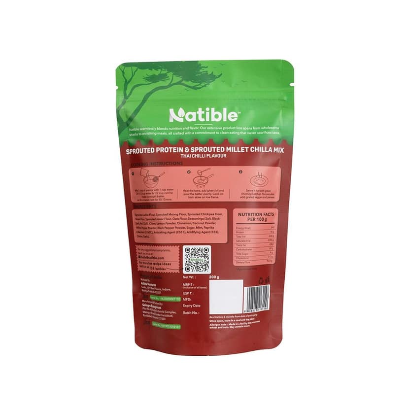 Natible Sprouted Protein & Sprouted Millet Chilla Dosa Mix, Natural Healthy Protein & Fiber-Rich Breakfast No Maida. Pack of 2. 200Gram Each view 2