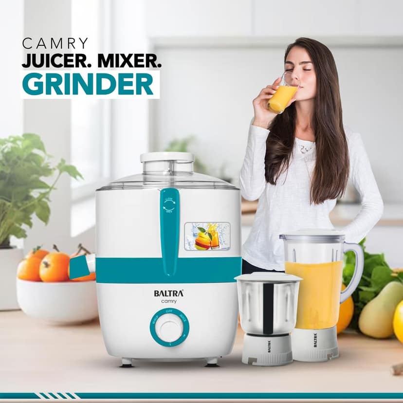 BALTRA Camry 500 Watt Juicer Mixer Grinder for Fruits | Includes 2 Multipurpose Jars (Large & Small) | 3 Speed Control | Durable Stainless Steel Blades | Large Pulp Container | 2-Year Warranty view 2
