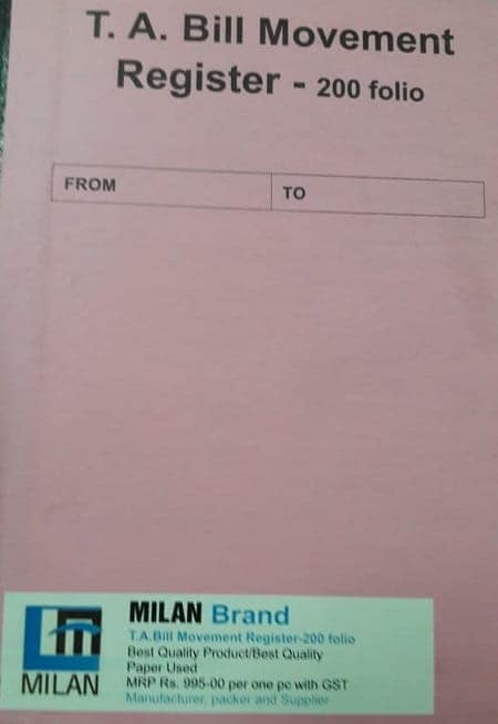 Travelling Allowance [T.A.Bill] Movement Register-200 folio in English for Central Government Office