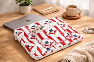 Amber Lines Block Print Quilted Cotton Laptop Sleeve With Front Pocket Red 10"X15"