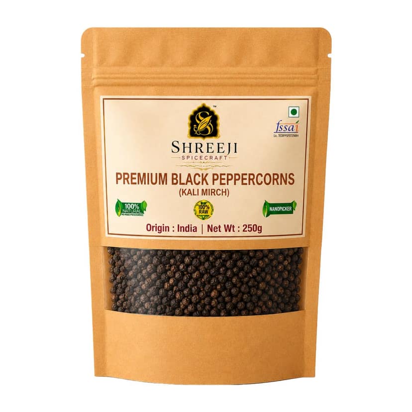 Shreeji Spicecraft Premium Whole Black Peppercorns Kali Mirch Raw Sabut Black Pepper for Cooking & Spice Grinder Standup Pouch Packaging