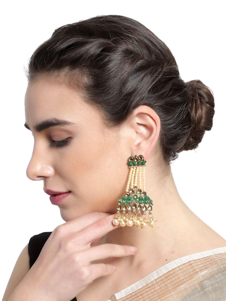 Cardinal Gold Color Moti Gold Plated Brass Green Minakari Earrings Set view 2