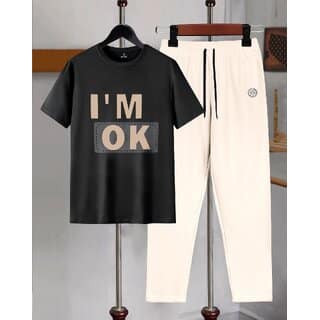 AUSK Mens Casual Printed Cotton Blend Black & Beige Summer wear Co-ords set of T-Shirt & Trakpant