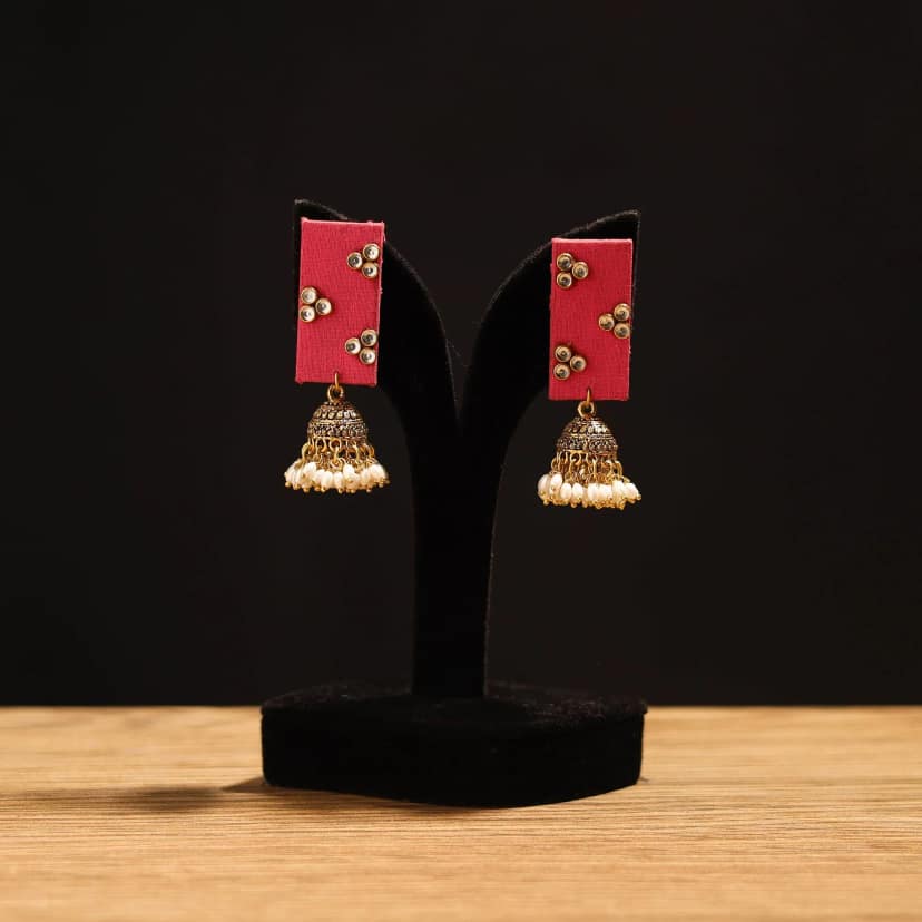Red - Siya Stone Work Fabart GS Jhumka Earrings view 2