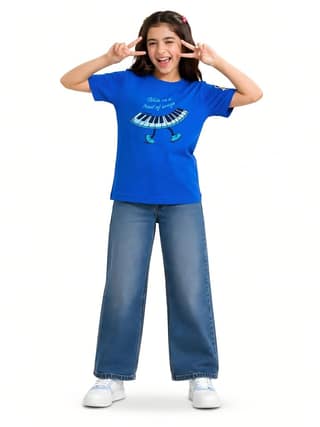 KUCHU Unisex T-Shirt | Walk On A Trail of Song Print | 8–9 Years | Cotton Fabric | Breathable | Casual Wear | Graphic Tee | Everyday Wear Blue