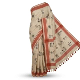 Sambalpuri Beige Tribal Heritage Ikat Handloom Saree