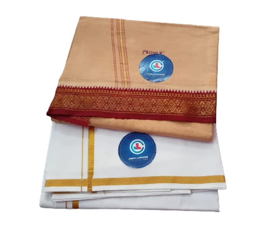 JINKA LAKSHMI COLLECTIONS Pure Cotton White Dhoti 4 Meters Unstitched Pack of 2 (Multicolor-2) view 2