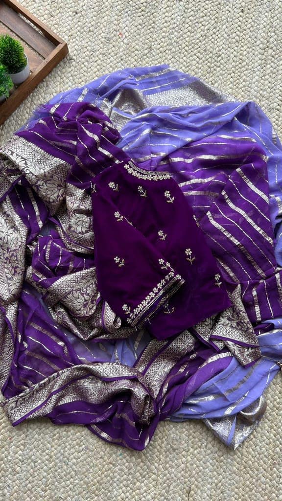 Ombre light & Purple georgette saree with handwork blouse view 2