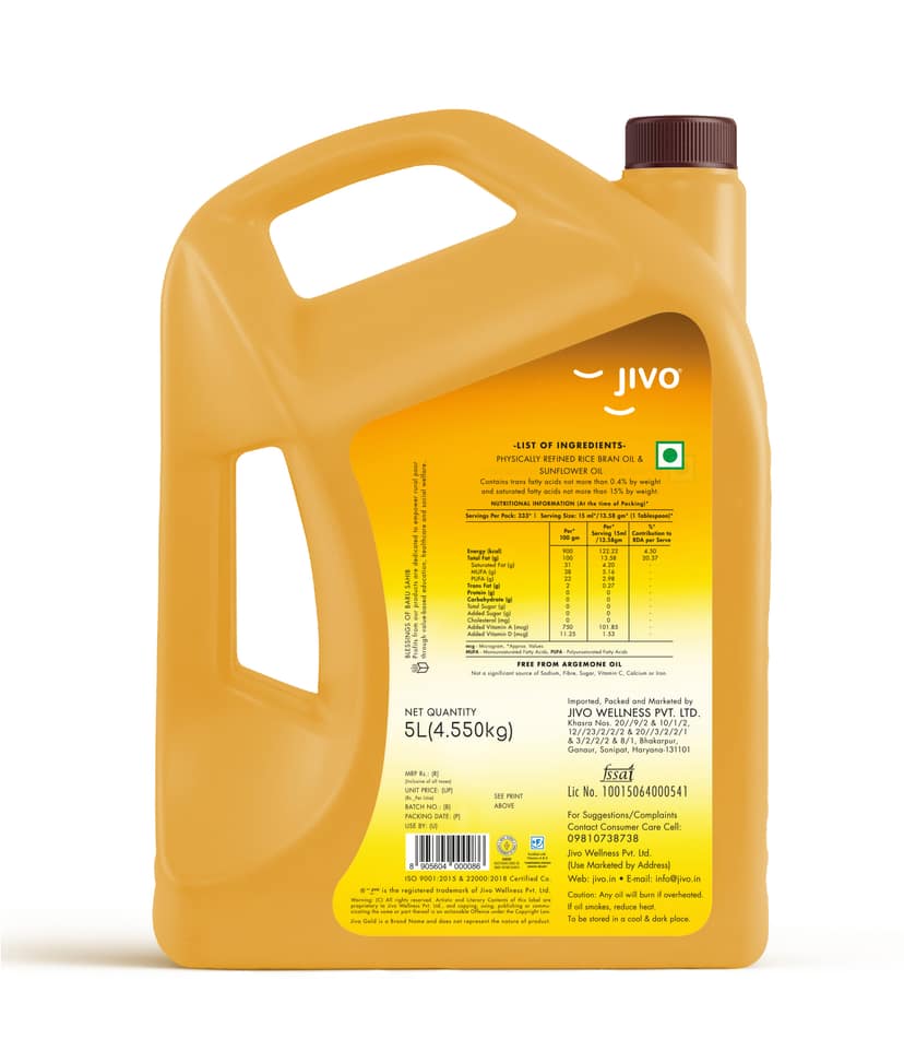 Jivo Gold Refined Oil|Blend of Rice Bran oil & Sunflower oil|Cooking oil|Pro Healthy Lifestyle Edible Oil - 5 litre view 2