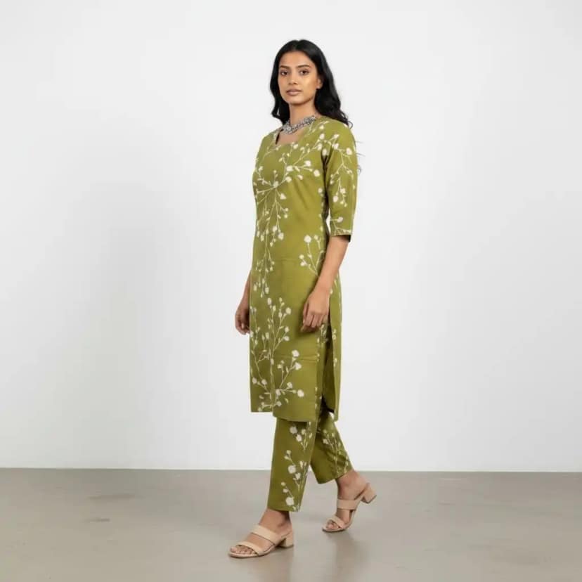 Mehendi Green Screen-Print Cotton Kurti and Trouser Set view 2