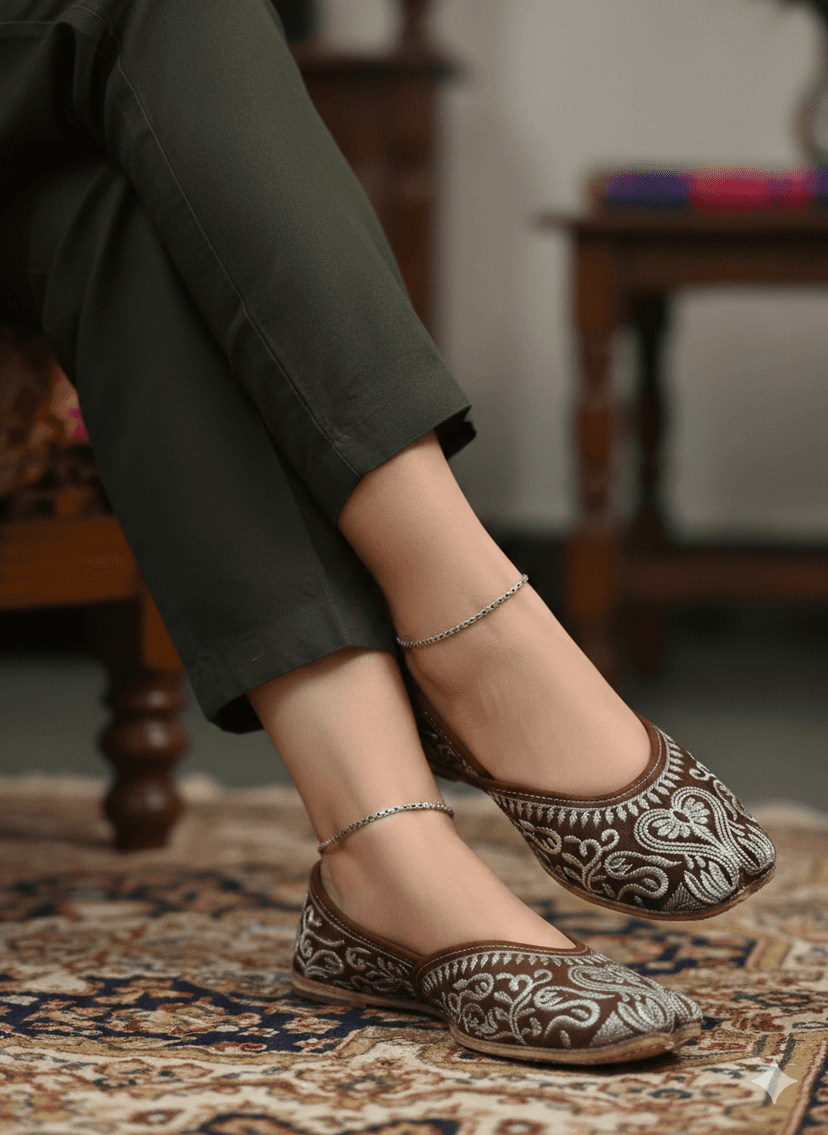 BBJ Handmade Brown Punjabi Jutti for Women | Velvet Finish with Silver Thread & Zari Embroidery | Ethnic Footwear view 2
