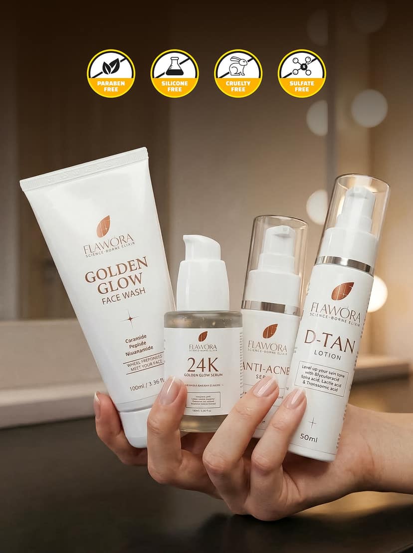 Flawora Golden Glow Niacinamide Face Wash , Anti Acne Serum, 24k Golden Glow Face Serum and D-Tan Lotion view 2