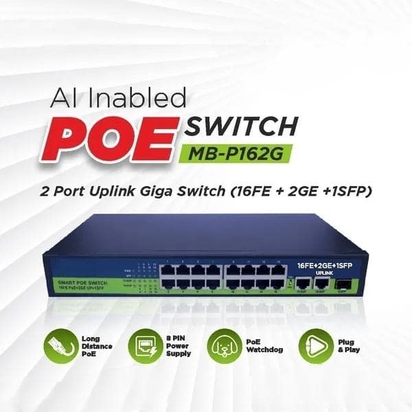 PoE Ethernet Switch Ai Poe (16Fe+2Ge+2 Sfp) Over Ethernet Switch 2 Port Uplink Giga, 802.3Af/At Poe+100MB-ps, 300W BuiltIn Power, Extend To 250Meter, Unmanaged Metal Plug And Play view 2