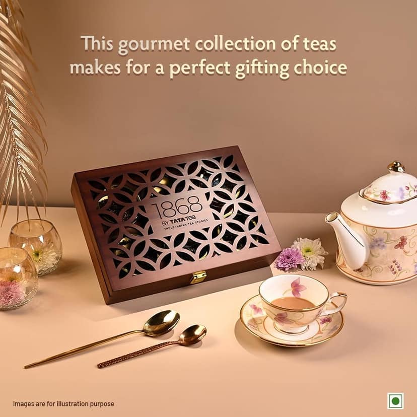 1868 by Tata Tea Gift Pack- Tea Lover's Bliss, 6 Flavoured Teas, Dessert Chai, Masala Chai, Chai Biscotti, Kolkata Street Chai, Jasmine Green & Cream of Assam, 120g view 2