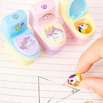 Creatives Toilet Shaped Sharpener with Eraser Wheel Pack of 3 Multicolor for School Kids view 2