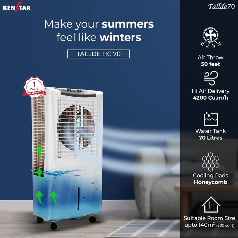 Kenstar Tallde HC 70 Desert Air Cooler for Home - Inverter Compatible, Honeycomb Cooling Pads, Collapsible Louvers - White view 2