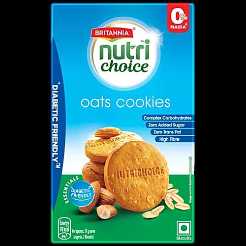 Britannia Nutrichoice Essentials Oats Cookies - No Added Sugar & Diabetic Friendly, Rich In Dietary Fibre, 150 G