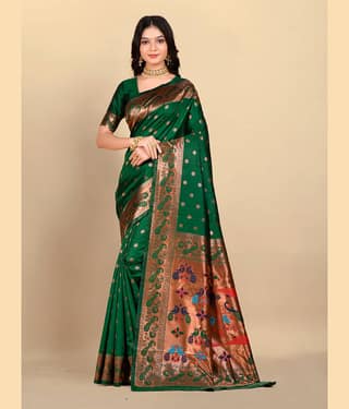 BLEESBURY Banarasi Silk Printed Saree With Unstitched Blouse Piece ( Green )