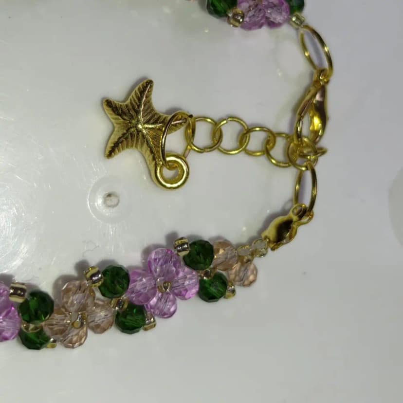 Handmade Purple, Emerald Green and Champagne Sparkle Floral Charm Bracelet view 2