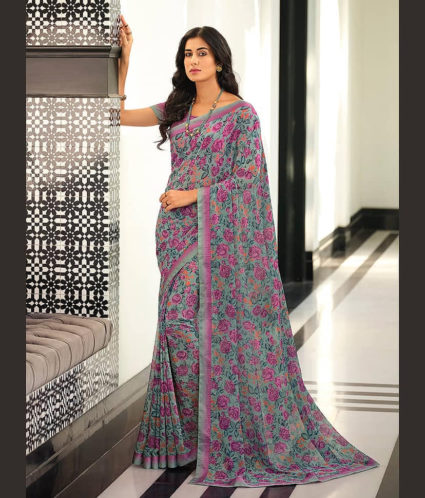 BLEESBURY Georgette Printed Saree With Unstitched Blouse Piece ( Lime Green )