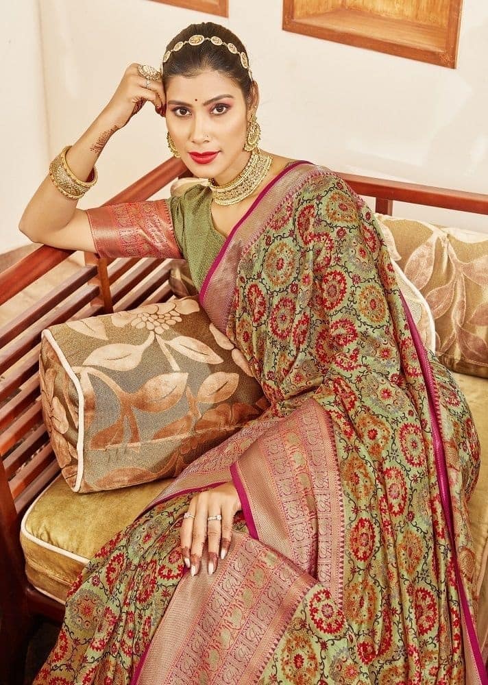 Digital Printed Art Silk Saree in Light Green view 2