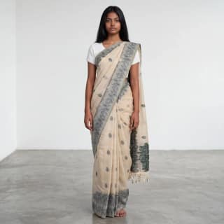 Bomkai Sonepuri Beige Cotton Saree Olive Paisley Buti