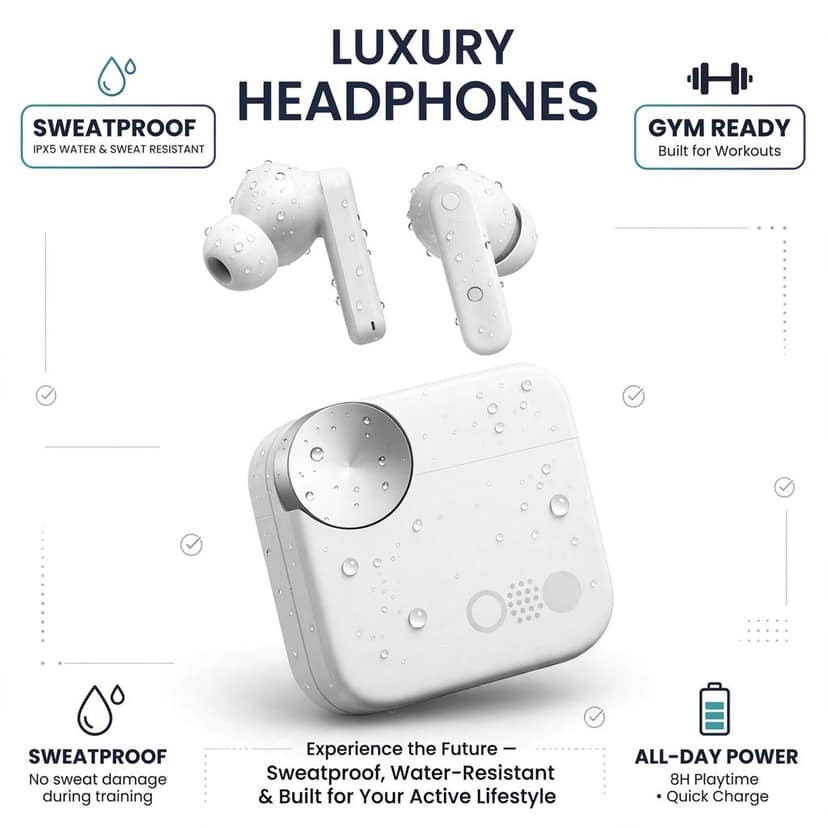 White Wireless Earbuds with Charging Case - IPX5, 8H Playtime view 2