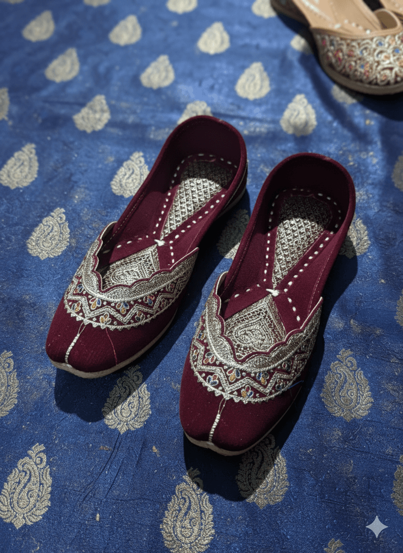 BBJ Handmade Maroon Velvet Punjabi Jutti for Women | Heavy Zari, Thread & Bead Embroidery Work | Premium Ethnic Footwear