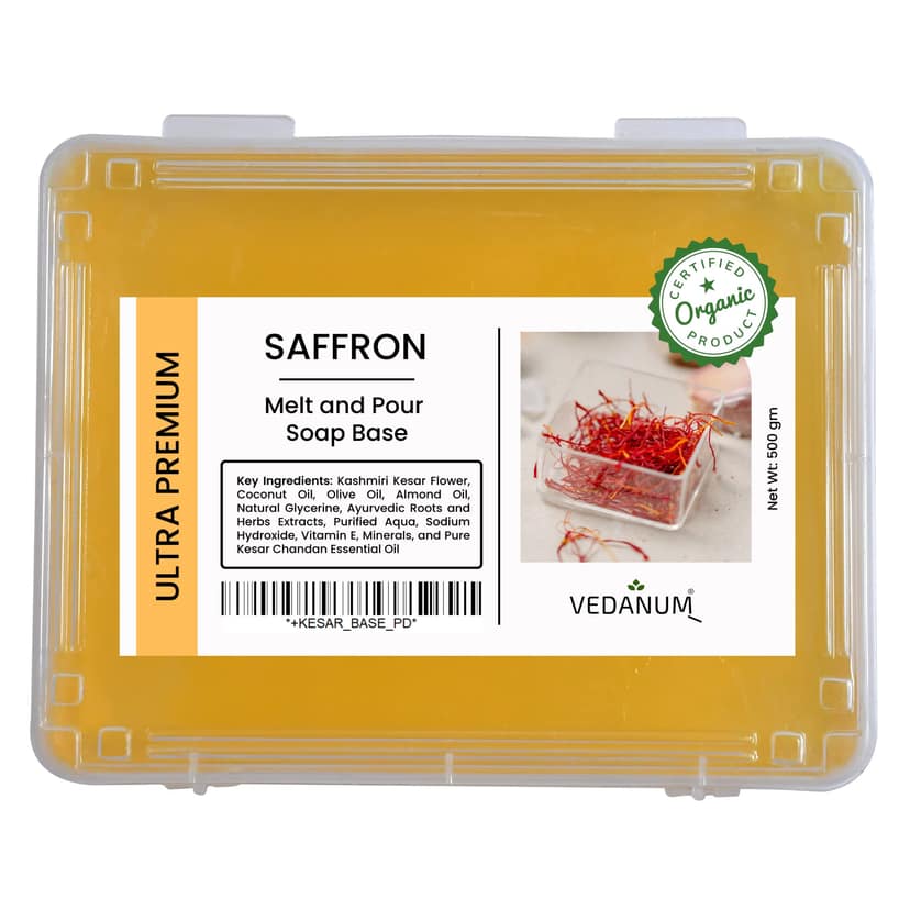VEDANUM Ultra Premium Soap Base 100% Organic Ingredients (SLES, SLS, Paraben Free) (Kesar, 500 gms pack of 1) Pure & Lab Tested VEDANUM Ultra Premium Soap Base 100% Organic Ingredients (SLES, SLS, Paraben Free) (Kesar, 500 gms pack of 1) Pure & Lab Teste