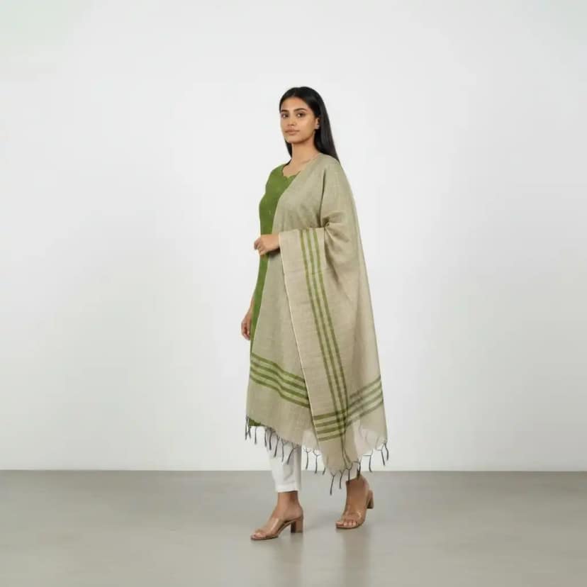 Parrot Green Mangalagiri Raw Silk Kurti with Buttas and Dupatta view 2