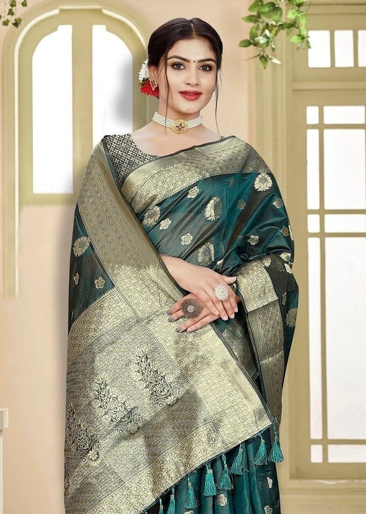 Woven Art Silk Saree in Teal Blue view 2