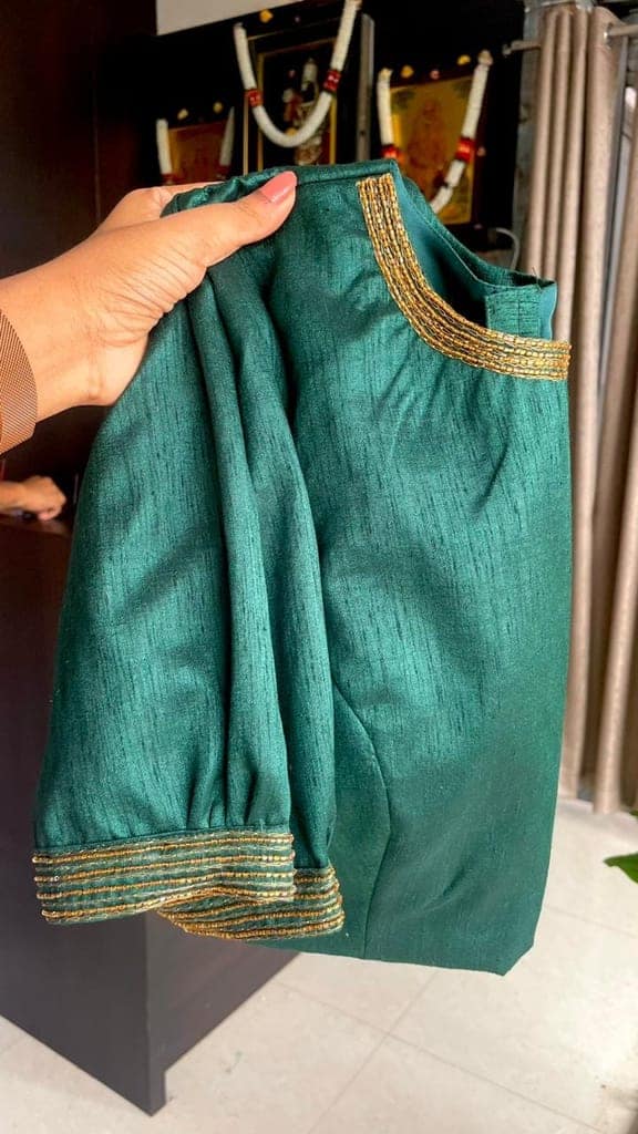 Bottle green floral organza saree with handwork blouse view 2