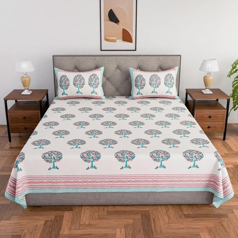 Cotton hand block printed king size bedsheet with pillow covers ( 100 x 108 inches) - Red Green Tree view 2