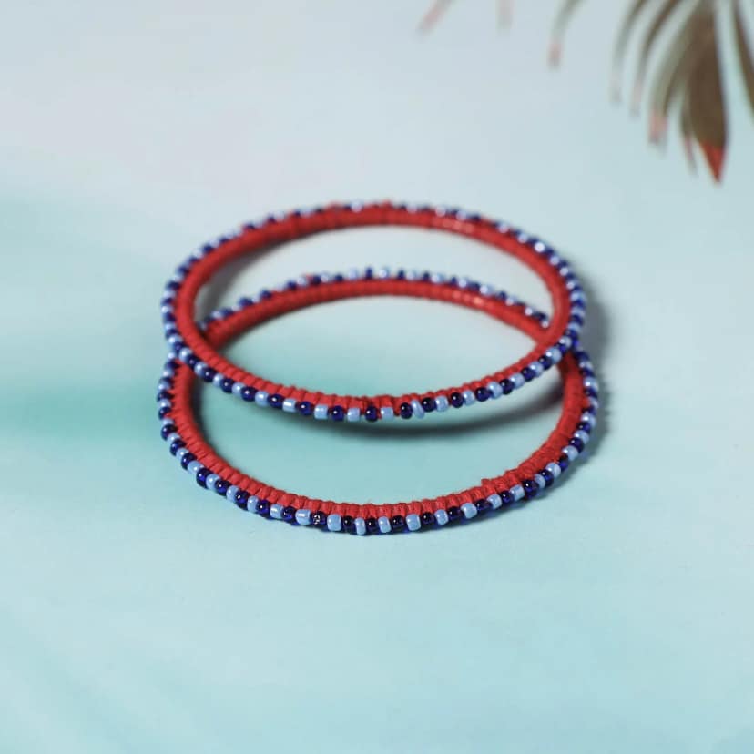 Blue - Hand Embroidered Beadwork Bangle (Set of 2) view 2