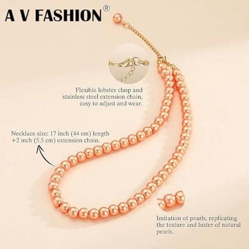 A V FASHION - Pearl Necklace For Girl and Women Orange Pearl Necklaces for Women, 8MM Beaded Choker Necklace 1 Layer Beaded Mala Fashion Jewellery view 2