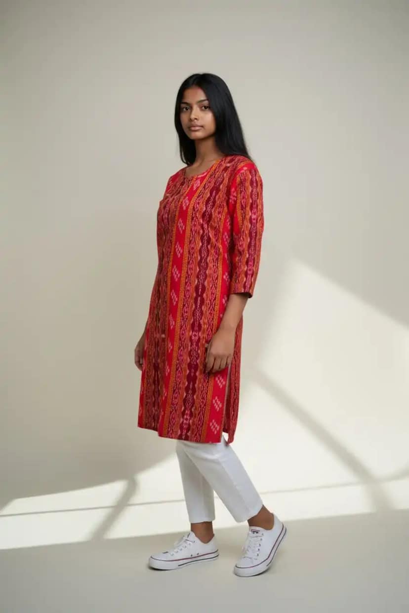 Crimson Sambalpuri Ikat Cotton Kurti with Bandhakala Weave view 2
