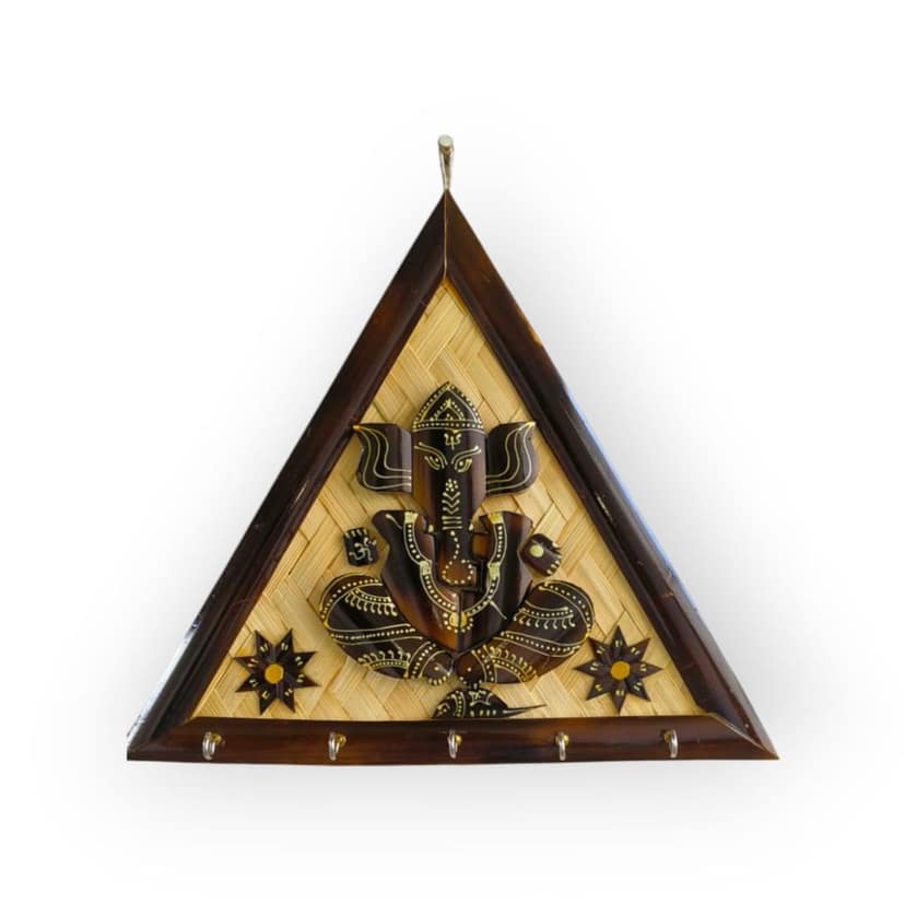 Triangular Bamboo Lord Ganesha Wall Hanging Key Holder (5 Hooks) view 2