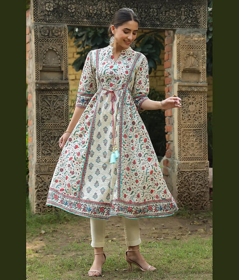 Juniper Women Cotton Printed Flared Kurti ( Beige )
