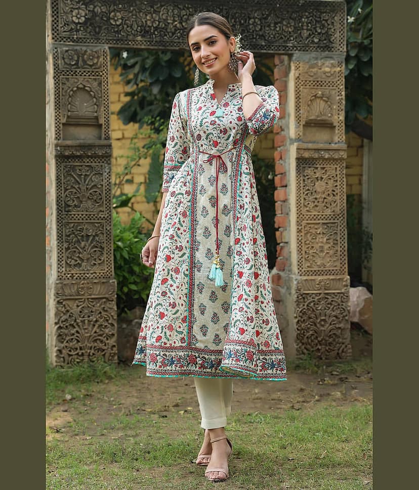 Juniper Women Cotton Printed Flared Kurti ( Beige ) view 2