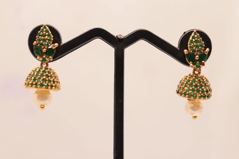 "Stunning Gold Plated Green Stone Pearl Jhumka Earrings for Women" view 2