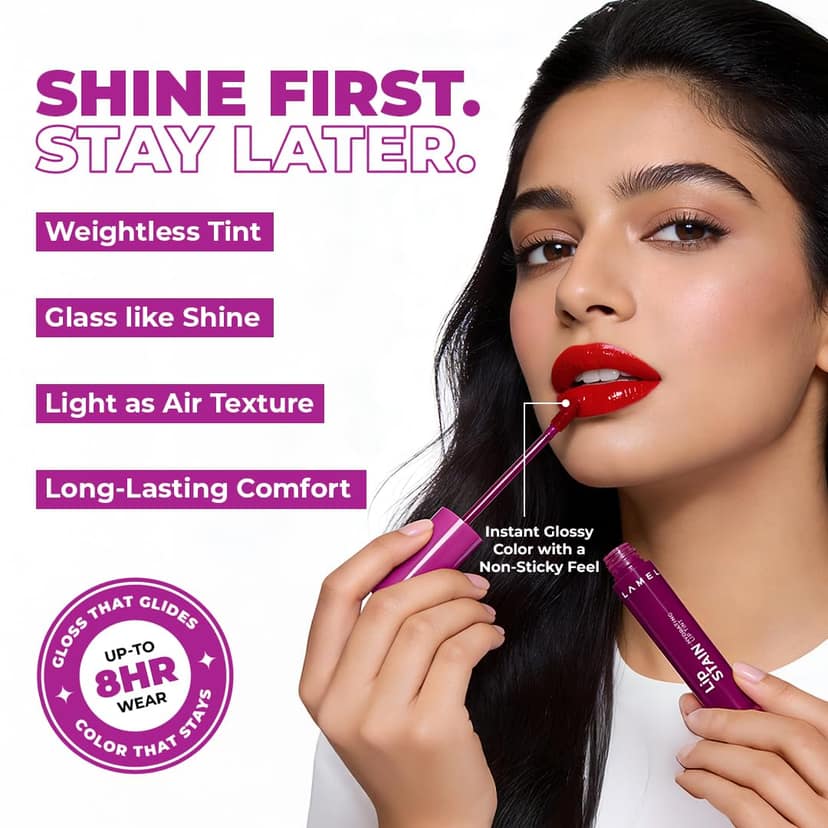 Lamel Hydrating Lip Tint Stain - Expression, Lip-Tint, High-Shine Glossy Finish, Long-Lasting 8-Hour Wear, Lightweight Non-Sticky Lip Stain, Precision Applicator, Natural Tint Effect, Liptint gloss, 2.7 gm Lamel Hydrating Lip Tint Stain - Expression, Lip view 2