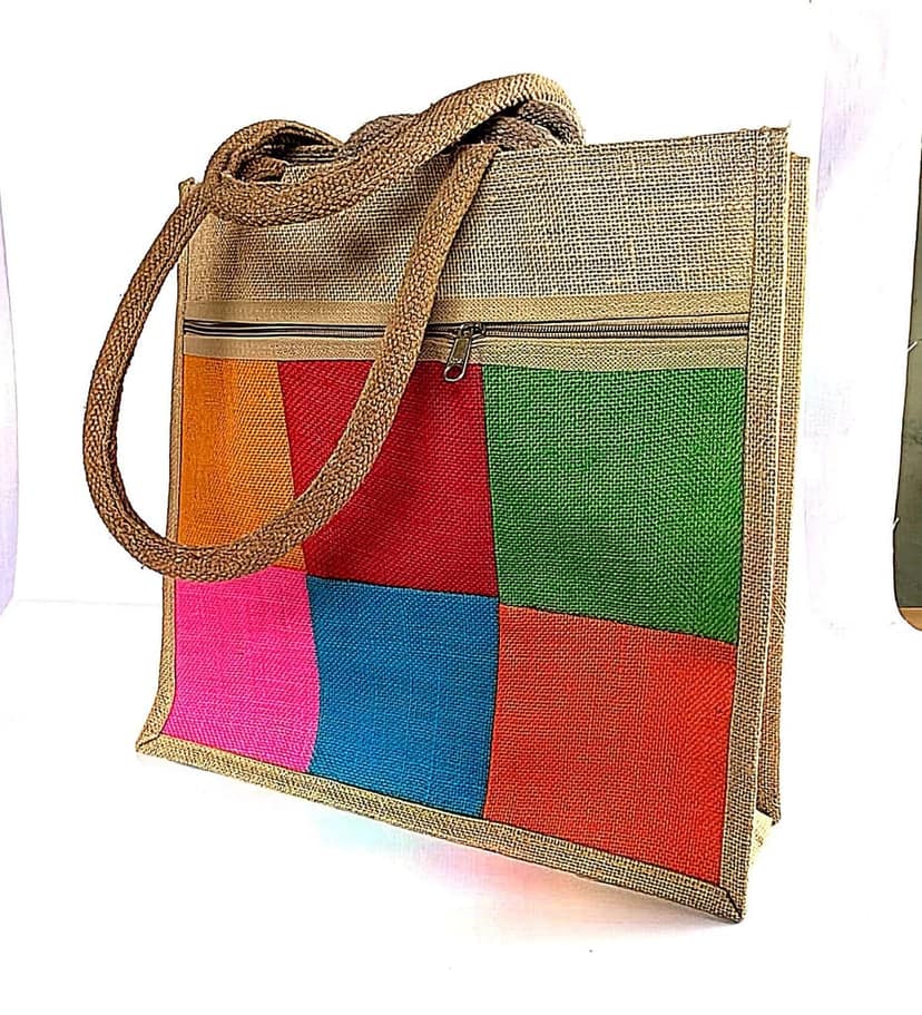 Jute tote bag with zipper closure and colorful patchwork design view 2
