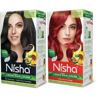 Nisha Creme Hair Color Combo Set Natural Black And Flame Red , Flame Red, black