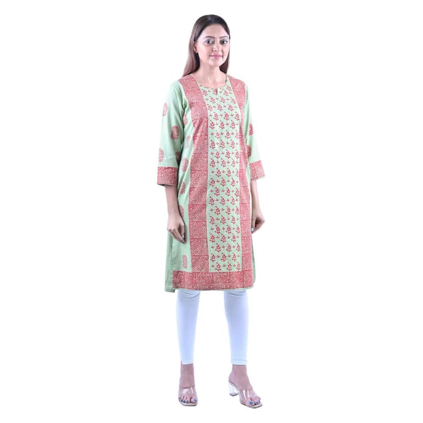 falah Handicrafts Society Women's Cotton Fabric Moonga Zari Hand Made Kurti (FHS/KU/23/03) Light Green view 2