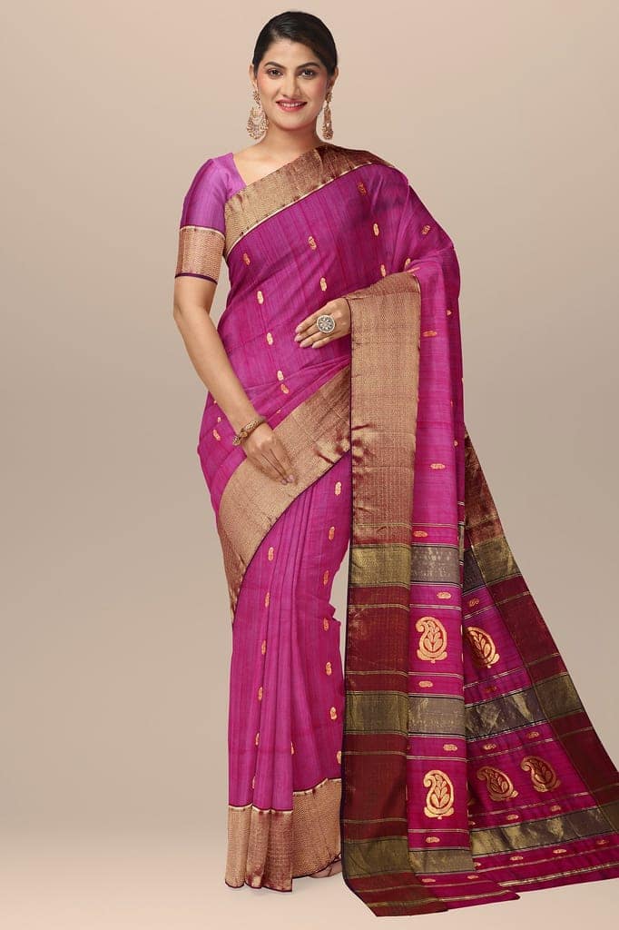 Rani Pink Handwoven Traditional Buti Maheshwari Silk with Zari Border Saree SKU-BS10113
